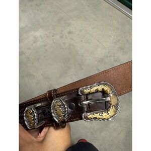 Nocona Belt Co Mens Genuine Leather‎ Western Belt Size 44 Silver Gold Buckle